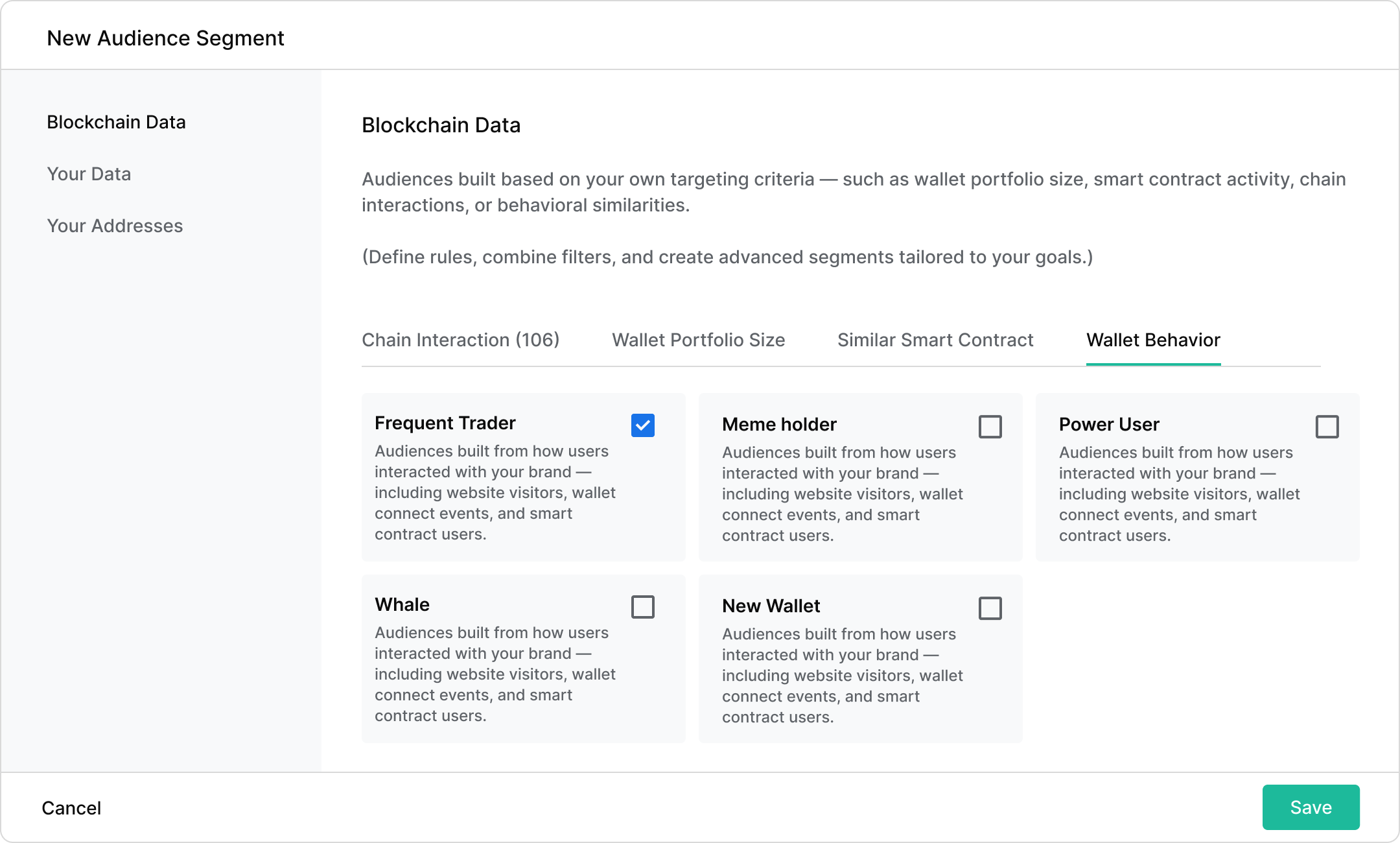 Wallet behavior audience segmentation settings