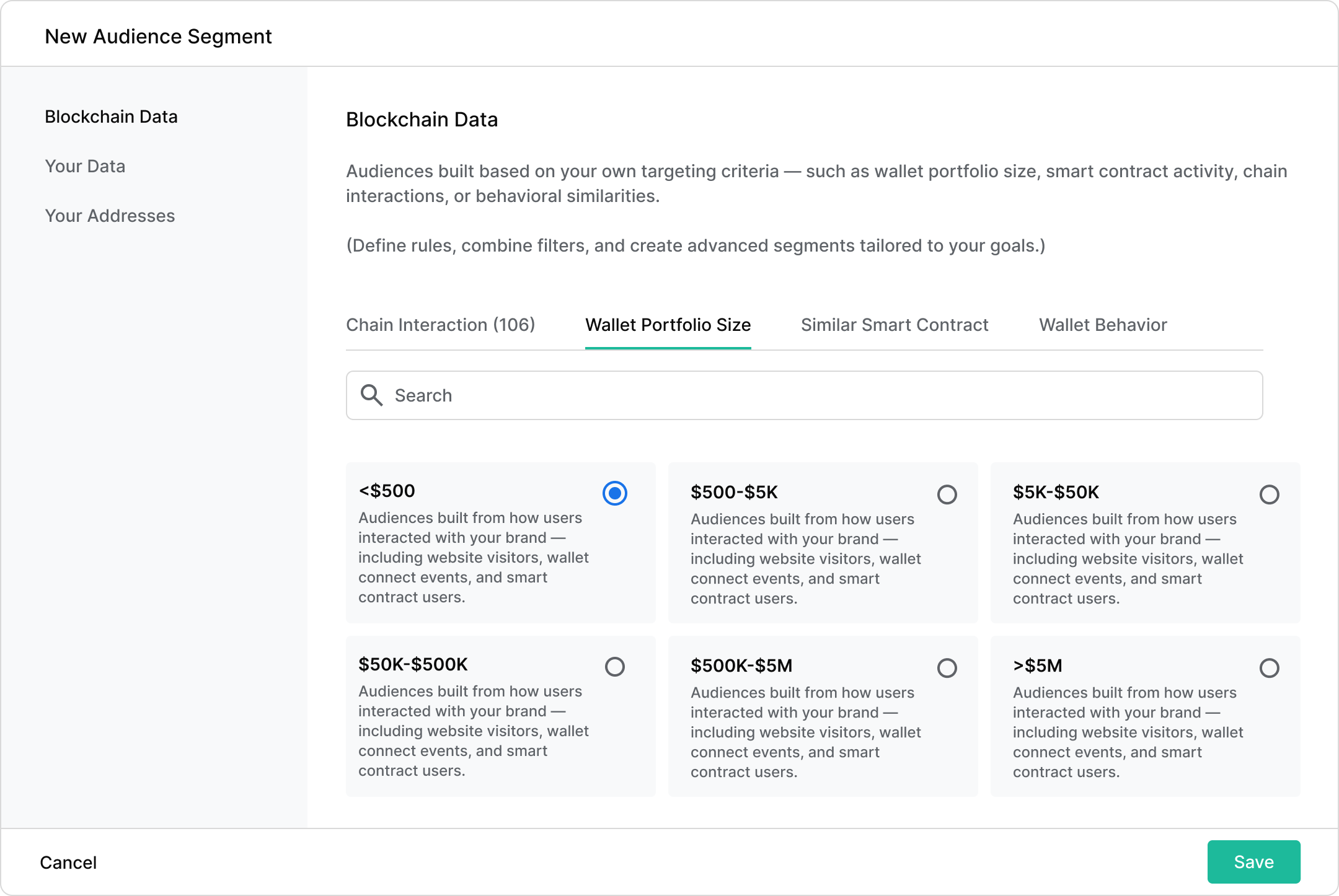 Wallet portfolio size targeting dashboard interface showing options from less than $500 up to more than $5M